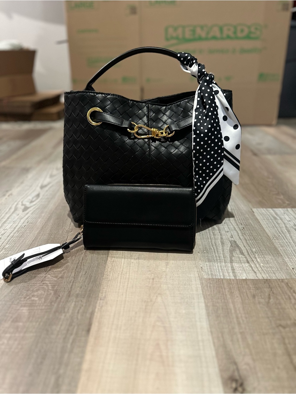Black Woven Tote Bag with Scarf Accent and walet  - Classic Everyday Handbag